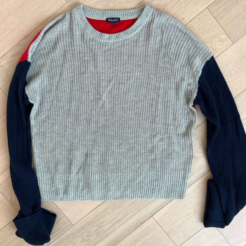 Splendid grey sweater with navy sleeves, red back (purchased from Anthropologie)